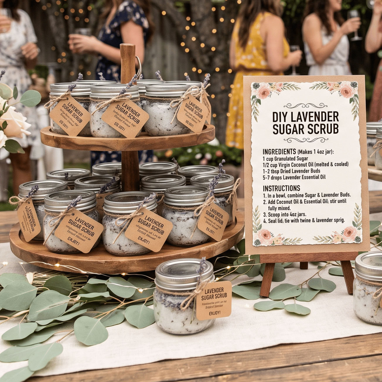 DIY lavender sugar scrub favors in small jars styled with lavender and natural gift details